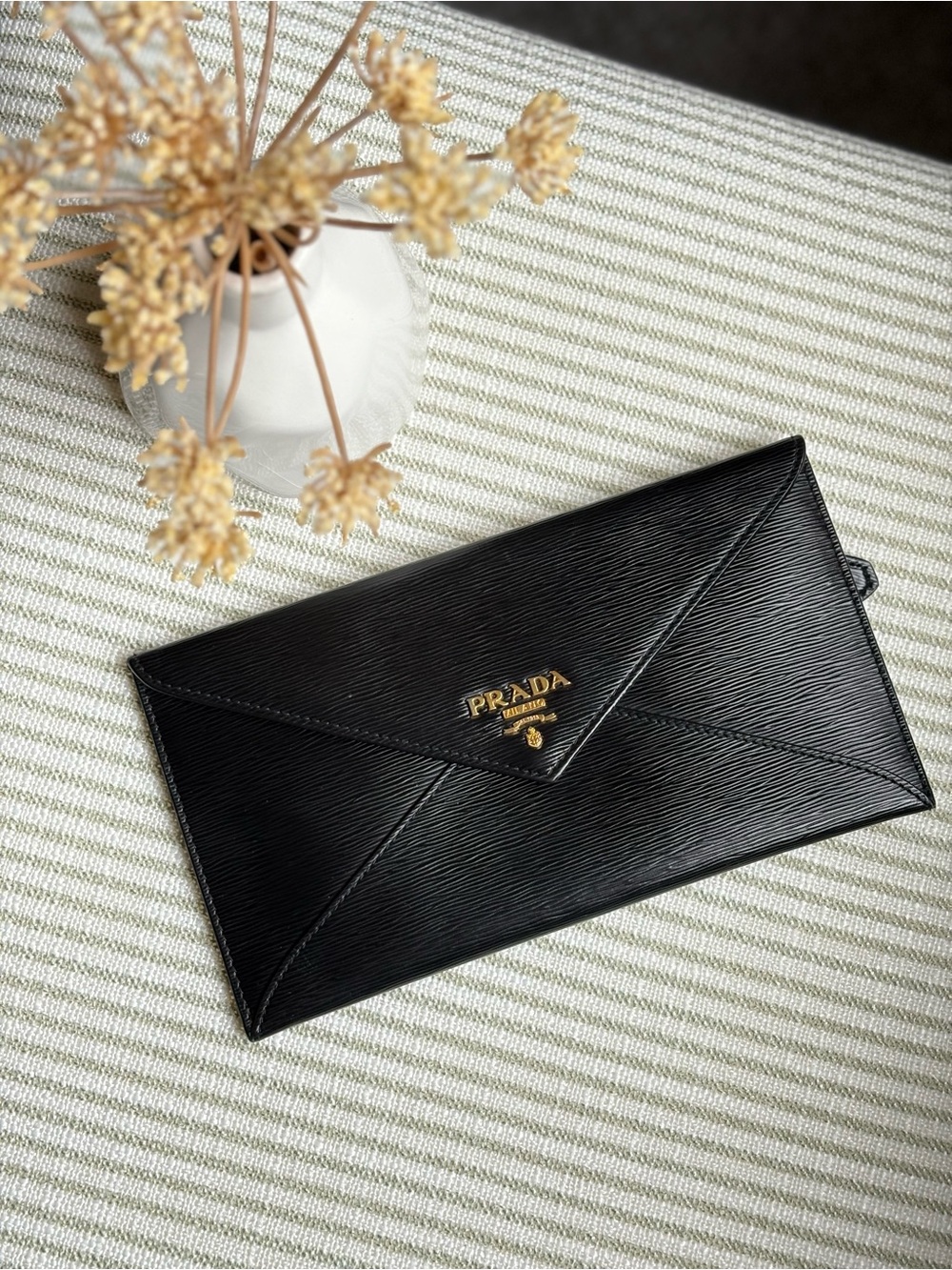 Prada Black Saffiano Envelope Wallet with Gold Accents
